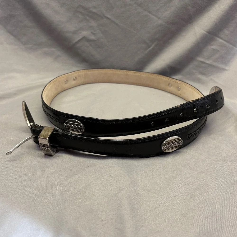 Vintage Western Black Genuine Leather Belt Braided Concho Silver Buckle Set 36 - Picture 1 of 5